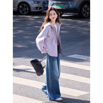 Shangjing outdoor hooded jacket women's 2026 spring new loose and versatile casual drawstring workwear style zipper short top wisteria purple m