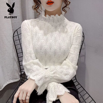 Playboy (playboy) spring, autumn and winter new large size fat mm bell sleeve top women's brushed lace shirt half turtle collar velvet bottoming shirt for women white thin single layer hollow xl (recommended 115-130 catties)