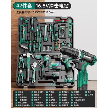 Green forest hardware tool repair box tool set home full set daily electrician woodworking universal combination 16.8v impact lithium electric drill-professional 42-piece set