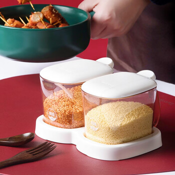 Camellia seasoning box two-compartment one-piece condiment box kitchen salt storage bottle set household seasoning box plastic seasoning jar red-two compartments-1 set