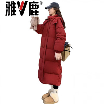Yalu new year red super beautiful white duck down jacket women's winter new long over-the-knee thickened bread jacket red red m recommendation (121 jin-135 jin)