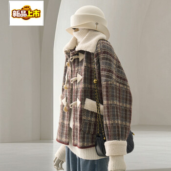 Small diameter lamb wool splicing plaid jacket for women winter new korean style age-reducing all-match casual horn button top plaid m within 125 pounds