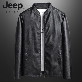 Jeep spiritpu leather jacket men's stand-up collar plus velvet thickening autumn and winter slim casual trend handsome leather jacket motorcycle jacket 923 black m