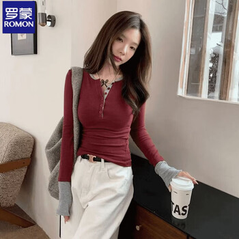 Luo meng's 2025 autumn contrast color fake two-piece unique and exquisite bottoming shirt women's t-shirt slimming versatile hot girl top allah red 75-90 jin