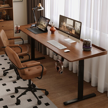 Gujia home furnishing solid wood electric lift desk computer desk double study desk desk gaming desk desk dual motor workbench silent dual motors | imported rubber wood | rebound when encountering resistance walnut color 1.6m brand guarantee | worry-free after-sales | free door-to-door delivery imported fas grade rubber wood