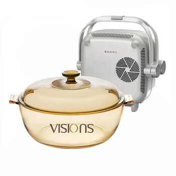 Corning (visions) 2.1l soup pot and multi-functional double-sided cooking combination, heat-resistant glass pot, electric ceramic stove, barbecue and shabu-shabu combination, 2.1l crystal pot + white double-sided cooking stove