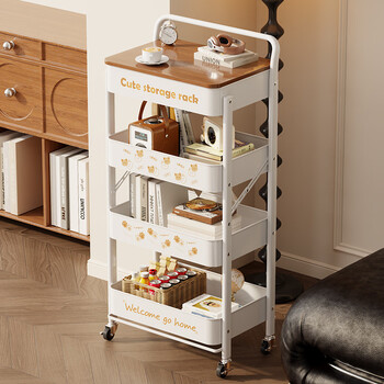 Fantasy foldable trolley storage rack floor-standing mobile wheeled bedroom snack rack kitchen storage storage shelf bookshelf suspended storage wooden board carbon steel ivory white 21 layers easy to fold high appearance