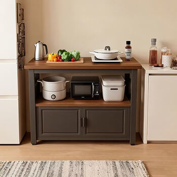 Fantasy kitchen rack floor-standing multi-layer microwave oven rack multi-function coffee corner integrated wall storage cabinet yellow shirt wood color multi-function storage island 120x35x80cm