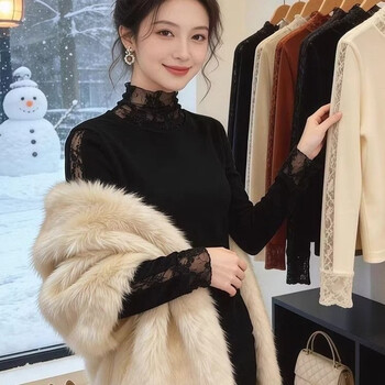 Ma yue chinese new year brushed lace bottoming shirt high collar long sleeves thickened warm velvet layered inner shirt black 2xl (recommended 110-120 pounds)