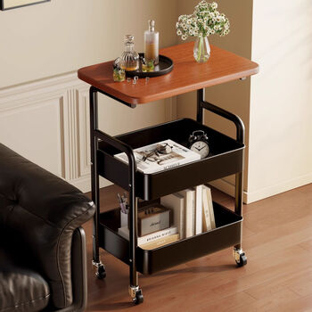 Fantasy side table can be lifted and moved, simple storage island coffee table, storage coffee table, simple bedside table corner table 3.0 double breathable honeycomb mesh basket, quiet color bracket + black mesh basket + peach wood