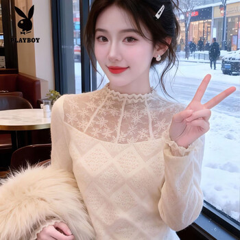 Playboy (playboy) velvet thickened lace bottoming long-sleeved autumn and winter style new high-neck fashion hollow top with small shirt inside beige m 85-100 pounds