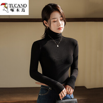 Woodpecker (tucano) pit strip high collar bottoming shirt for women in autumn and winter, 2025 new style black and white thin velvet thermal top, black xl, suitable for 110-130 pounds