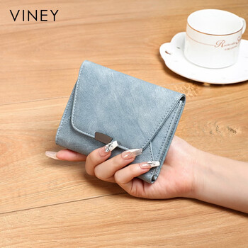 Viney cowhide women's wallet short large capacity multi-card slot multi-function clutch bag high-end light luxury leather wallet coin purse blue