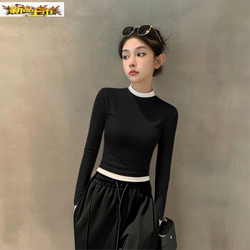 Chu jing's new velvet thickening black small turtleneck long-sleeved bottoming shirt for women knitted white splicing tight inner wear for small people black and white rayon thread 1x1 fabric s suitable for under 85 pounds