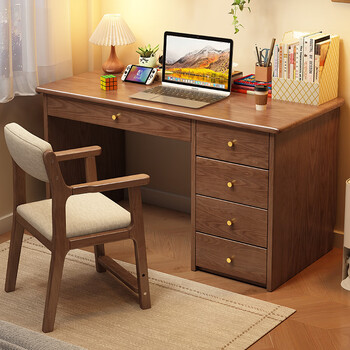 Konoha whisper solid wood desk home bookcase integrated combination student study desk bedroom office desk modern simple computer desk walnut color single desk + lift chair 120*60*75cm