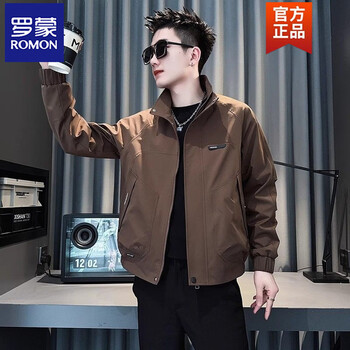 Romon spring and autumn new trendy brand handsome workwear stand-up collar jacket men's fashion trendy design simple and versatile jacket coffee color 2xl (recommended 140-155 pounds)