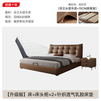 Yusenyi double bed, elegant master bedroom soft-packed bed, cowhide wedding bed, upgraded bed + 2 cabinets + knitted surface breathable mattress, moderate 15002000 bracket structure