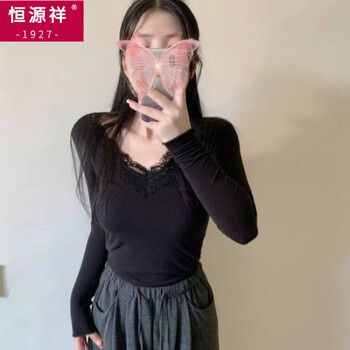 Hengyuanxiang maillard v-neck lace bottoming shirt for women with german velvet and velvet thickened warm top slim fit long-sleeved t-shirt black regular s