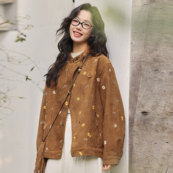 B.duck little yellow duck jacket women's 2026 spring new daisy embroidery craft suede camel loose top camel s