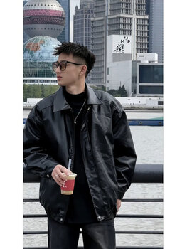 Shelley jones black cleanfit leather jacket men's spring and autumn high-end handsome american retro trendy motorcycle leather jacket black 4xl recommended 180-195 pounds