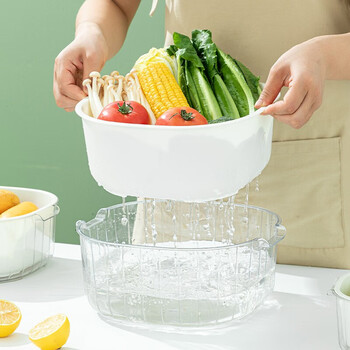 Sungsa vegetable sink drain basket kitchen double-layer vegetable basket storage basket filter water washing fruit artifact washing basin early summer white (2-piece basin sieve medium size)