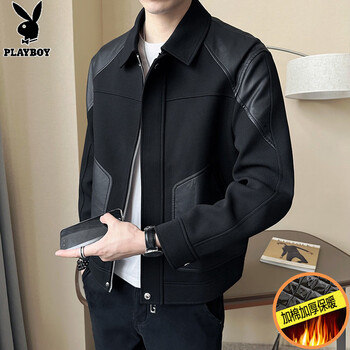 Playboy (playboy) men's cotton and thickened jacket autumn and winter new handsome trendy brand high-end men's knitted pu leather splicing jacket black cotton and thickened thick section xl 130-145 catties