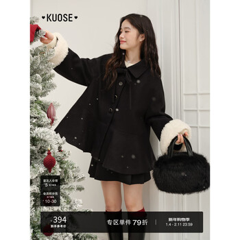 Wide color bow furry long-sleeved woolen coat for women 2025 autumn and winter new style black temperament woolen coat black l