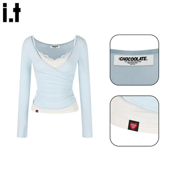Chocoolate it women's fungus long sleeve t-shirt 2025 winter women's pure desire camisole top layer two-piece set blue s