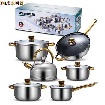 Hualeji stainless steel kitchen pot set 12-piece cooking pot set with golden handle and kettle main picture