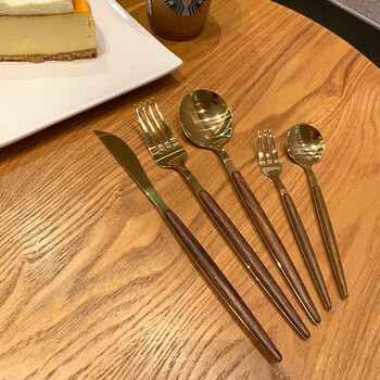 Naoiskey walnut handle western three-piece household steak knife, fork and spoon, imitation walnut handle (gold), affordable household package (4 tablespoons, 4 large forks)