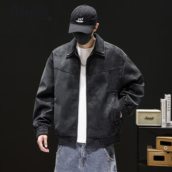 Jeep spirit jacket men's 2026 spring and autumn tie-dyed retro lapel leather jacket handsome loose versatile jacket black m