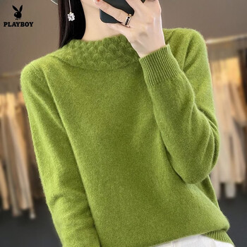 Playboy (playboy) round neck long-sleeved bottoming shirt for women in autumn and winter style with sweater loose pullover sweater slimming temperament sweater top official flagship lime green m recommended 100-120 pounds