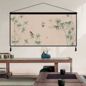 Fantasy new chinese style hanging cloth background cloth bedroom study bamboo hanging canvas art tapestry living room sofa background wall decoration painting bamboo tuning horizontal width 80cm vertical height 40cm.