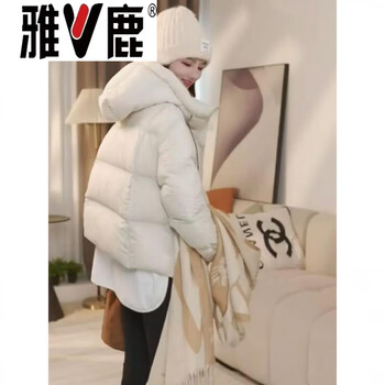 Yalumi white short 95 goose down down jacket women's hooded 2026 autumn and winter new thick loose couple's puff goose down jacket 95% white goose down women's beige s _80-120 jin high-end western style down jacket for small people