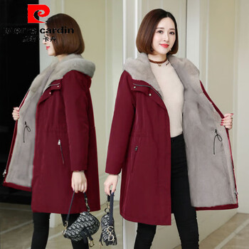 Pierre cardin velvet jacket 2026 winter new style medium-length large size cotton coat for women velvet thickened liner coat burgundy 2xl recommended around 146-160