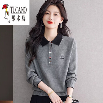 Woodpecker (tucano) color block style sweater bottoming shirt for women 2026 spring, autumn and winter new fashion polo collar sweater top, smoke gray 3xl recommended 145-155 catties