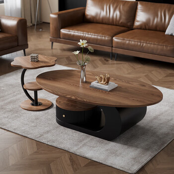 Verdanton wabi sabi medieval style slate tea table for household use in living room oval tea table small apartment high-end coffee table combination new style black feet + royal pomelo coffee color surface 100*55*42 single coffee table