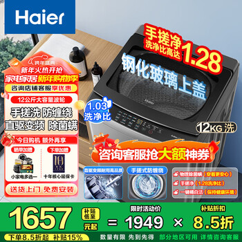 Haier's 25th-year new product, fully automatic pulsator washing machine, hand-rubbed anti-tangle, large-capacity flip-up lid, direct drive, frequency conversion, germ removal, first-level energy efficiency, renewal subsidy, hot model 12kg + hand-rubbed anti-tangle + nano-microbubble purifier