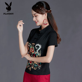 Playboy (playboy) chinese style women's t-shirt ethnic style top spring and autumn embroidered long-sleeved t-shirt for women stand-up collar embroidered large size bottoming shirt for women black short-sleeved l (80-95 pounds)