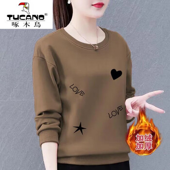 Woodpecker (tucano) autumn and winter round neck sweatshirt for women with velvet and thickened western style warm bottoming shirt large size loose mother long sleeve khaki love love plus velvet thickened xl 115-130 pounds