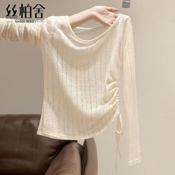 Sibaishe solid color round neck bottoming shirt women's 2026 spring new slim fit lace-up pullover top