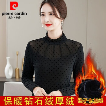 Pierre cardin autumn and winter new half turtleneck polka dot mesh bottoming shirt long-sleeved t-shirt women's velvet thickened temperament belly-covering top black velvet thickened l 100-110 pounds