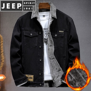 Jeep spirit sherpa winter plus velvet thickened denim jacket men's korean version slim trend american work jacket warm cotton coat pure black 2 m