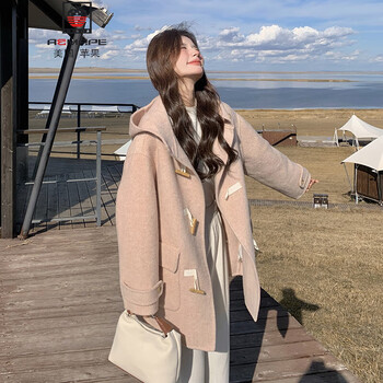 Aemape horn button hooded double-sided cashmere coat 2025 winter korean style small sweet age-reducing hooded woolen coat for women pink regular m (105-120 pounds)