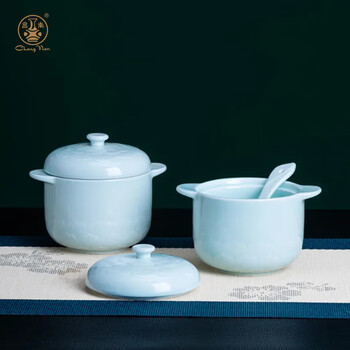 Changnan jingdezhen ceramic yingqing hand-carved stew pot with lid and high temperature resistance household lotus petal soup cup as a housewarming gift yingqing yilian lotus petal tableware stew pot (2 pieces) with a small spoon