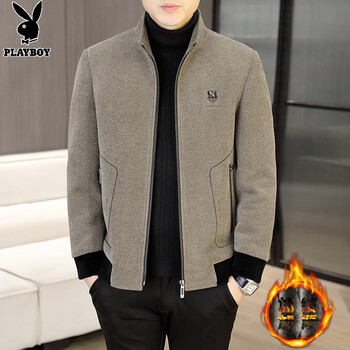 Playboy (playboy) men's velvet thickened jacket winter new woolen stand-up collar short coat jacket handsome trendy top men's khaki 2xl