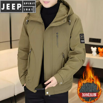 Jeep spirit men's velvet thickened jacket hooded 2025 winter new fashion warm jacket khaki m