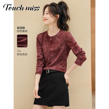 Touchmiss cheese berry smudged long-sleeved t-shirt for women 2025 autumn new layered comfortable and skin-friendly temperament bottoming shirt for women dark red l