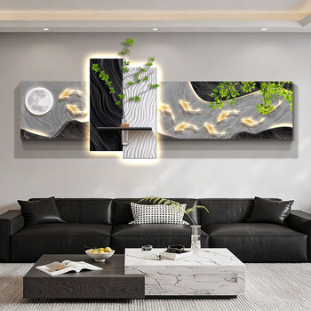 Ideological light luxury living room decoration painting nine fish picture sofa background hanging picture 2026 new hydroponic green plant led mural with light e3382-shiyun nine fish total 40*120 (upper 26*40+lower 25*120) without lights high-definition uv fine carving + crystal porcelain scratch-resistant three-layer crystal porcelain scratch-resistant crystal