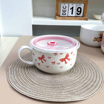 Yonghuan ceramic fresh-keeping bowl, microwave-friendly lunch box with lid, refrigerator sealed bowl for instant noodles, noodle bowl for bringing rice to work, large size 1000 ml, bow tie